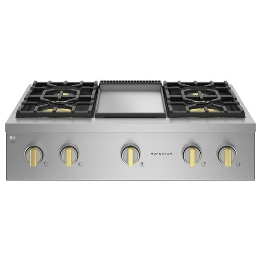 Monogram 36 Inch Wide Professional Natural Gas Range top with 4 Burners and Griddle - Cookingdom